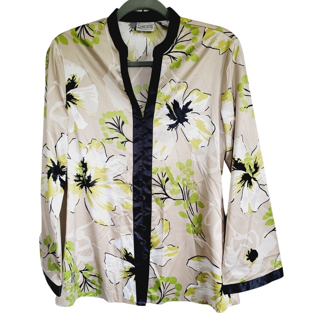 Chico's 0 Blouse Top Long Sleeve Floral Button‎ Front Asian Mandarin Collar NWOT